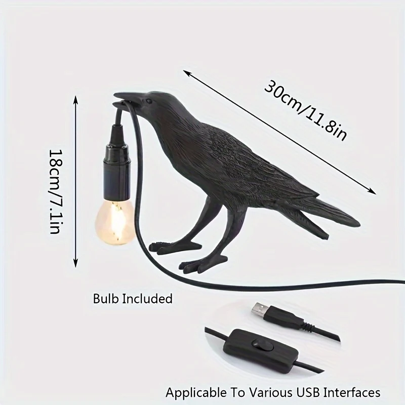 RavenLicht - Candeeiro de Mesa Corvo Negro, Alimentado por USB, Candeeiro de Resina para Sala de Estar e Quarto