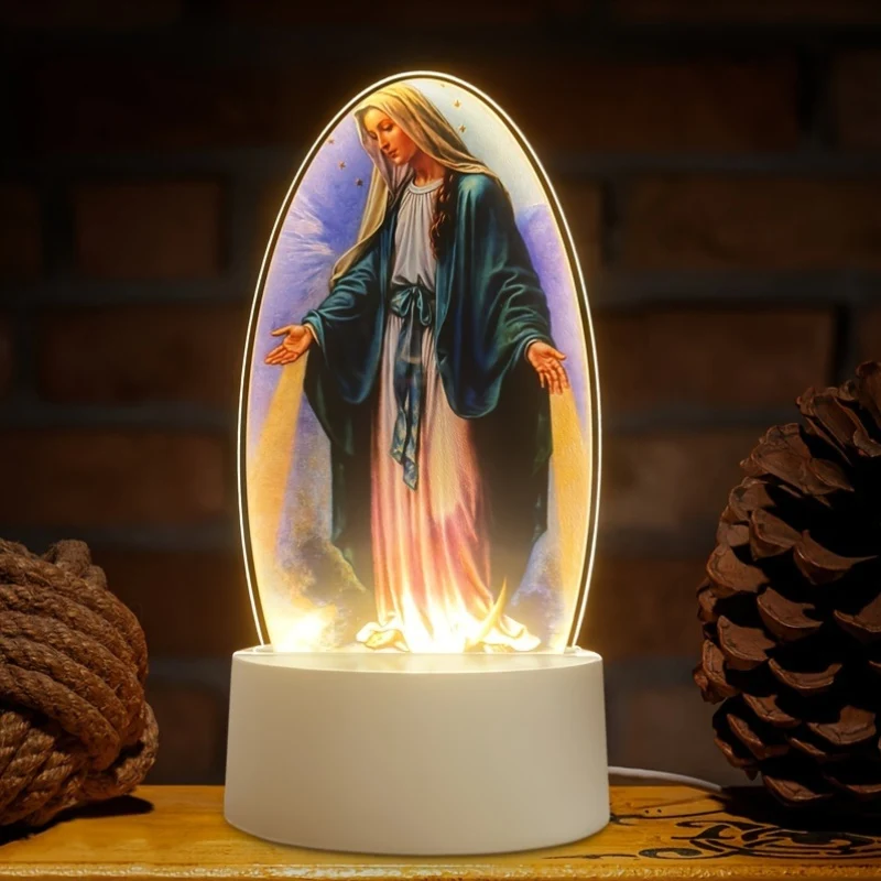 SacredGlow - Candeeiro Noturno da Virgem Maria com Moldura de Acrílico LED, Alimentação USB