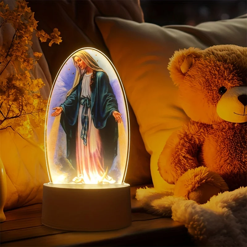 SacredGlow - Candeeiro Noturno da Virgem Maria com Moldura de Acrílico LED, Alimentação USB