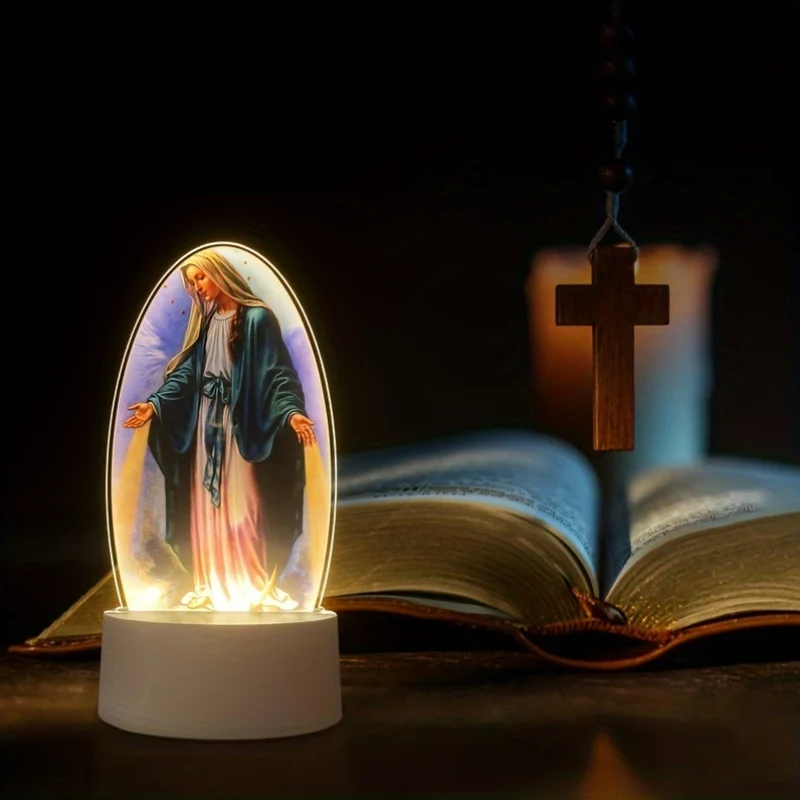 SacredGlow - Candeeiro Noturno da Virgem Maria com Moldura de Acrílico LED, Alimentação USB