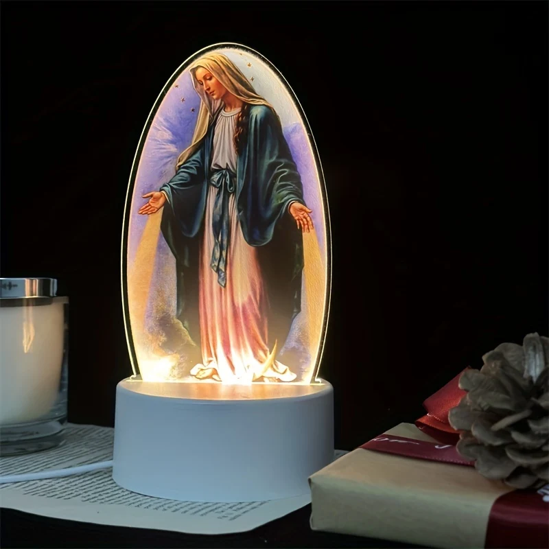 SacredGlow - Candeeiro Noturno da Virgem Maria com Moldura de Acrílico LED, Alimentação USB