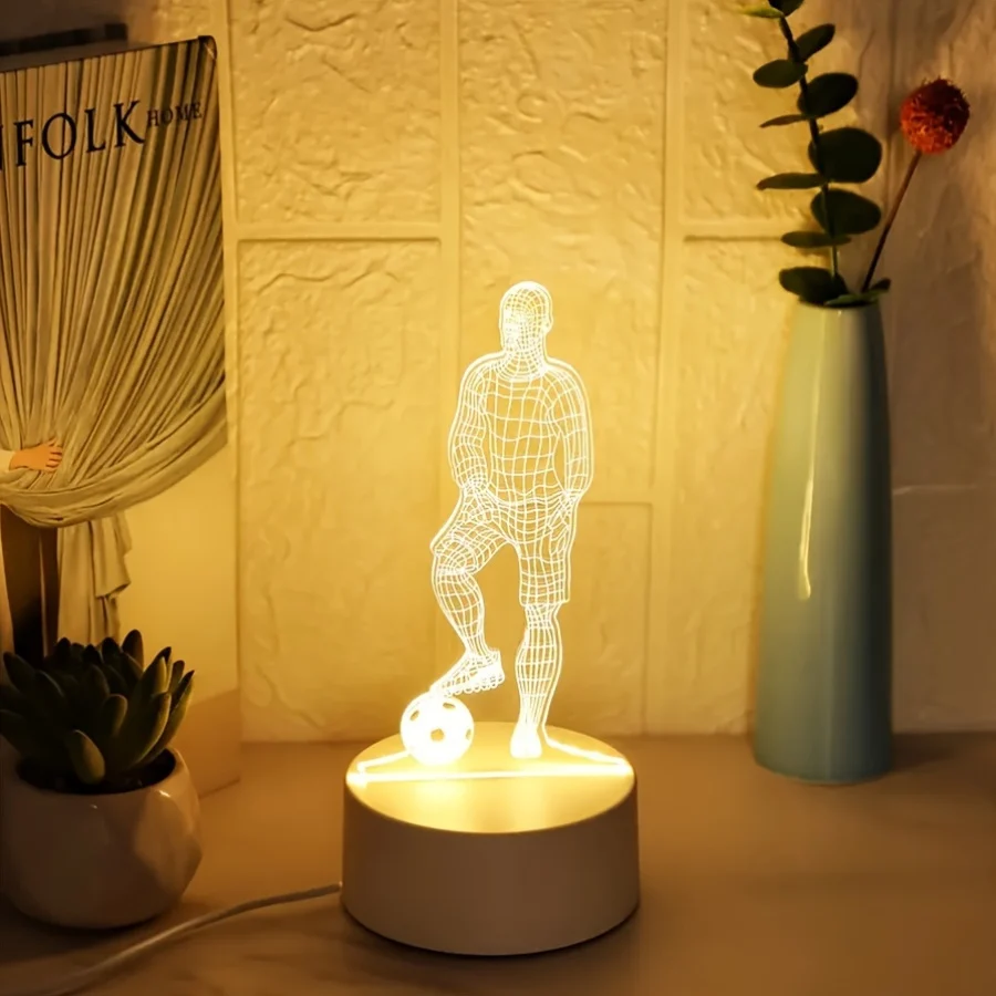 SportGlow - Lâmpada de Mesa LED com Ilusão 3D de Jogador de Futebol e Cúpula de Acrílico