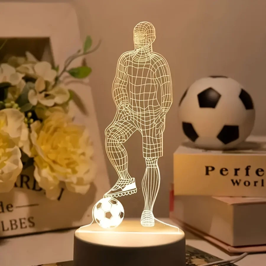 SportGlow - Lâmpada de Mesa LED com Ilusão 3D de Jogador de Futebol e Cúpula de Acrílico