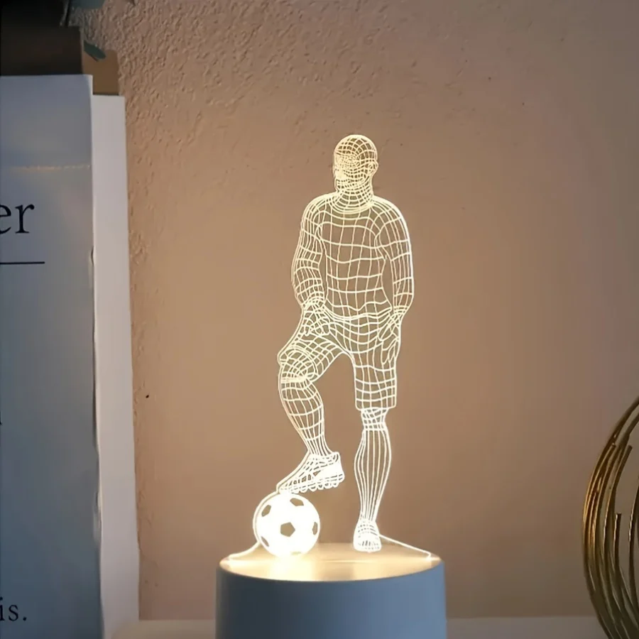 SportGlow - Lâmpada de Mesa LED com Ilusão 3D de Jogador de Futebol e Cúpula de Acrílico