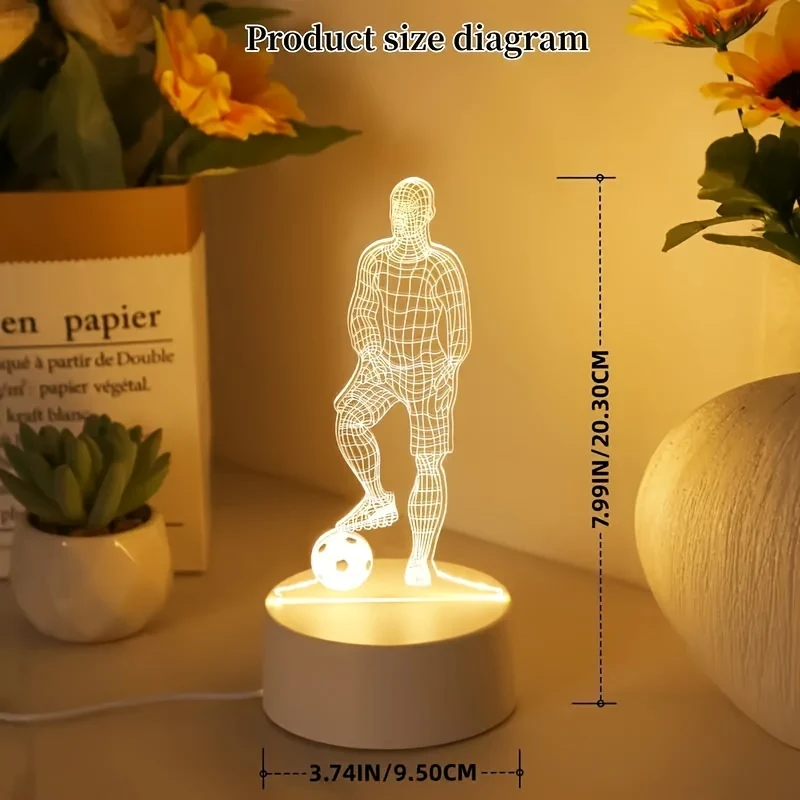 SportGlow - Lâmpada de Mesa LED com Ilusão 3D de Jogador de Futebol e Cúpula de Acrílico