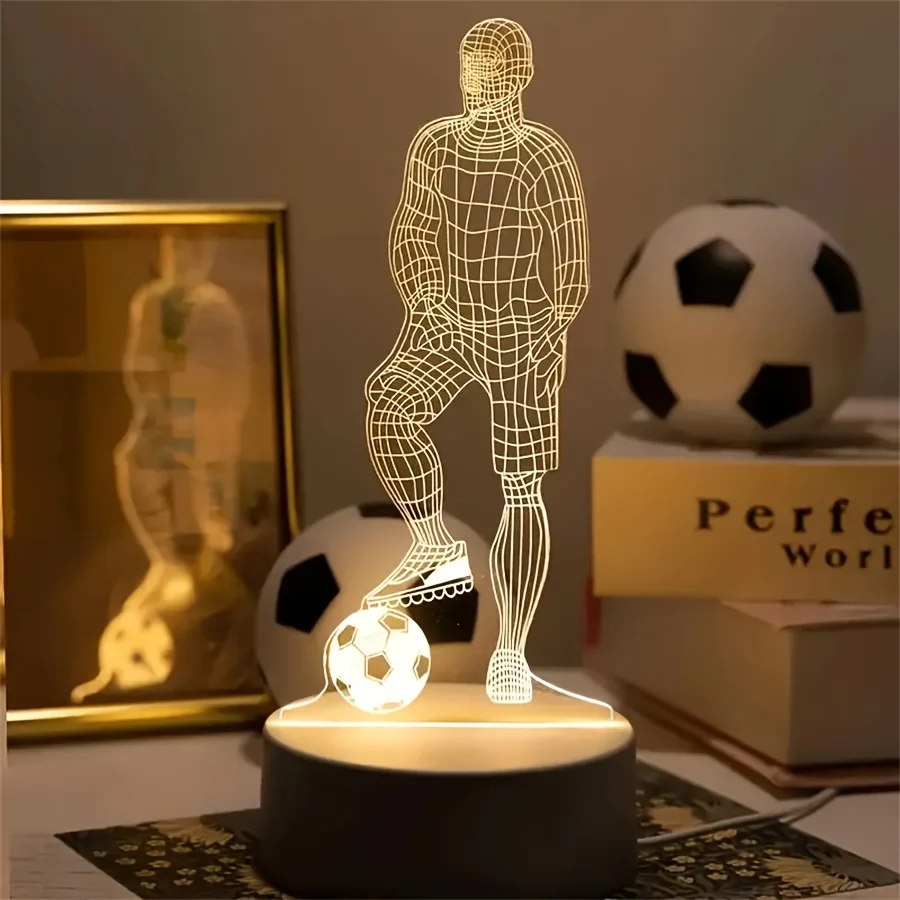 SportGlow - Lâmpada de Mesa LED com Ilusão 3D de Jogador de Futebol e Cúpula de Acrílico