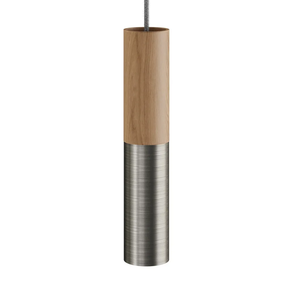 Tub-E14, tubo em madeira e metal para foco com casquilho de dupla argola E14 - Neutro e Titânio acetinado