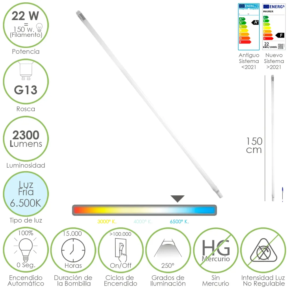 Tubo LED T8 de 150 cm. 22 Watts. Equivalente 150 Watts. 2300 Lúmens. Luz Fria 6500º K.