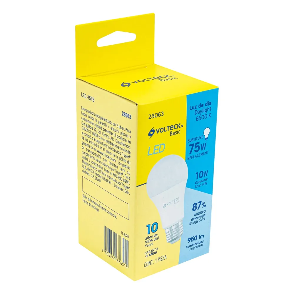 Foco LED Tipo Bulbo 10 Watts A19 E27 Volteck Basic Luz Blanca