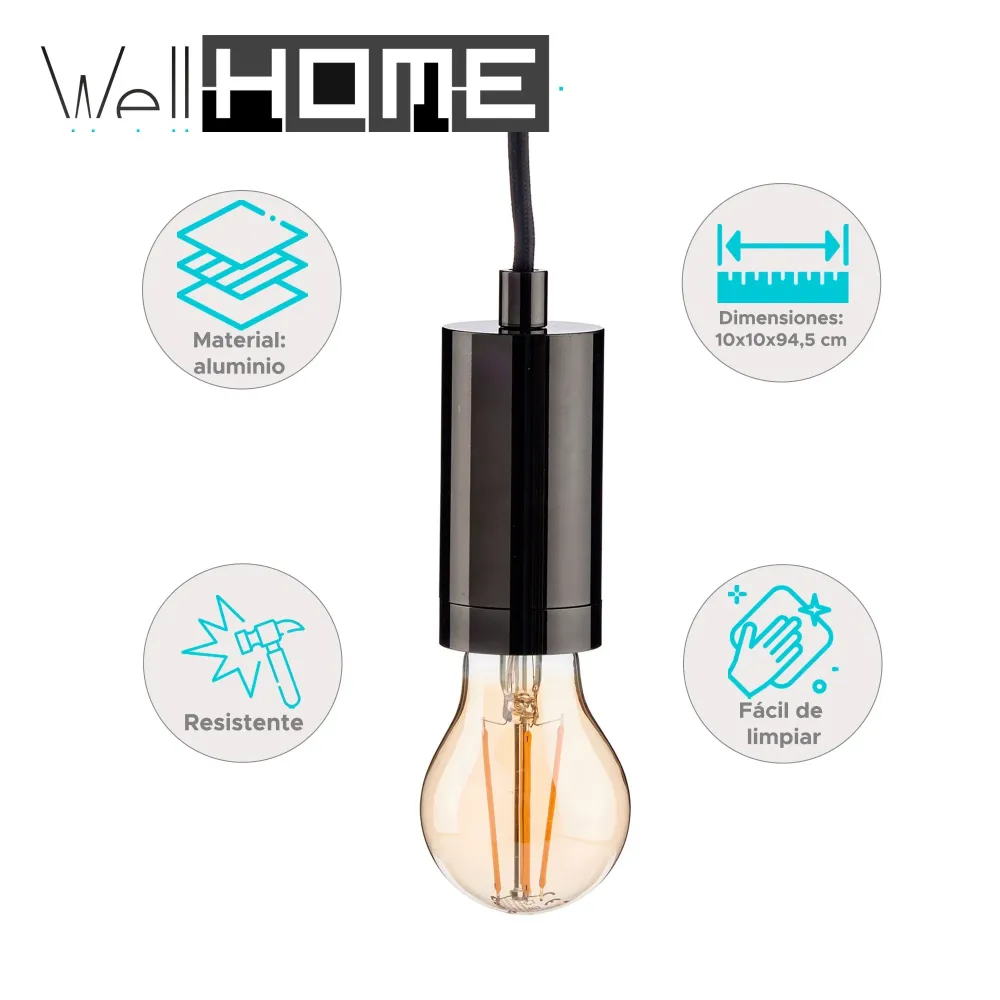 Well Home Candeeiro suspenso de metal Cor preta Design minimalista Ø10x94,5cm