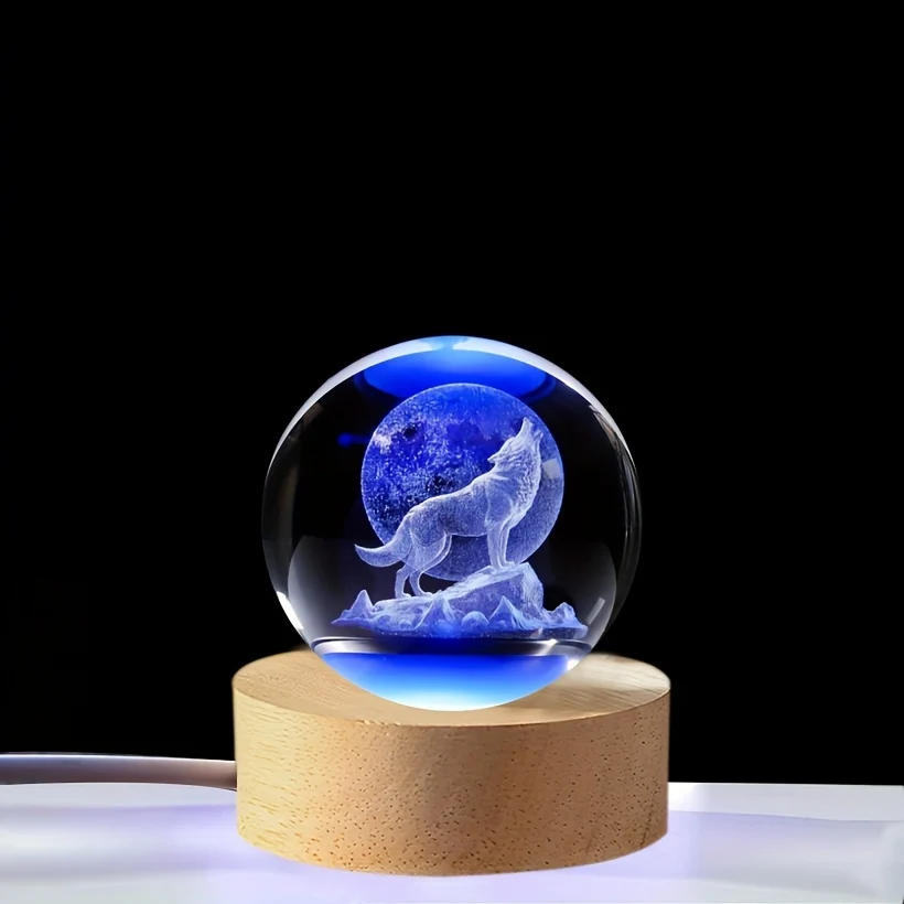 WolfLamp - Globo de Neve de Vidro com Lobo Uivante 3D Lâmpada Noturna USB
