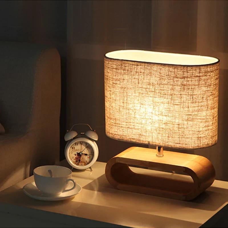 WoodLuxe – Candeeiro de Mesa com Base de Madeira para Quarto e Sala de Estar