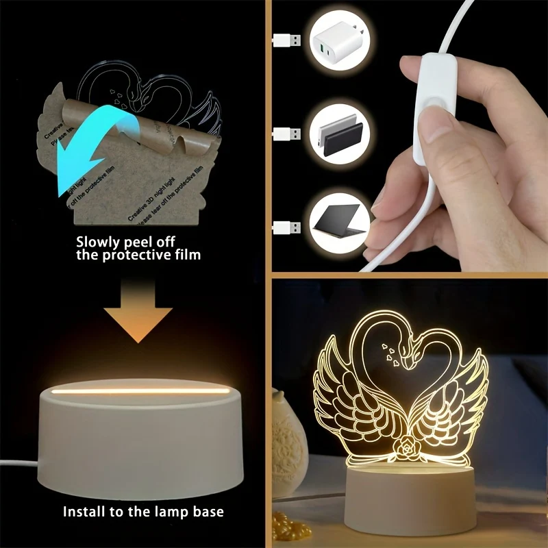 ZwaanLicht - Candeeiro de Mesa LED 3D Alimentado por USB com Estrutura de Acrílico