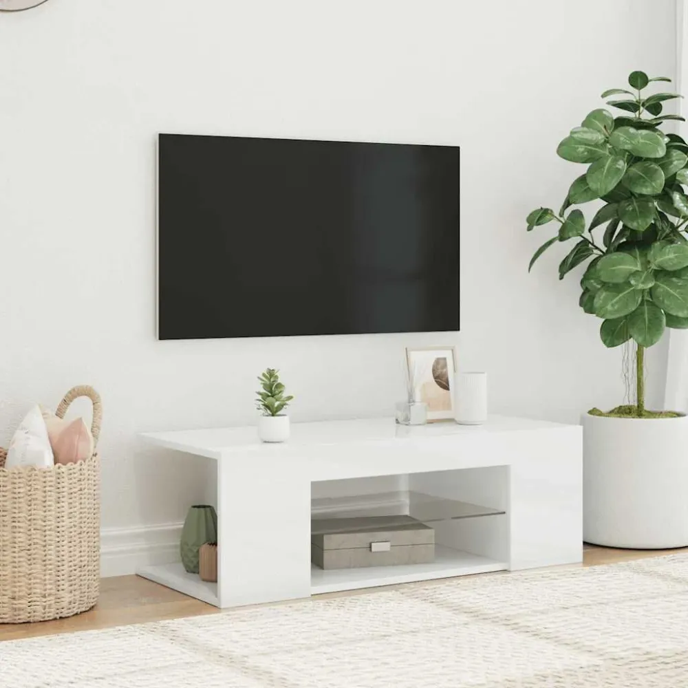 Móvel de TV com luzes LED 90x39x30 cm branco reluzente