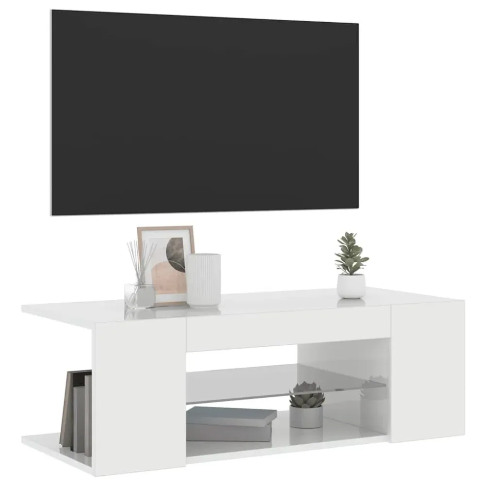 Móvel de TV com luzes LED 90x39x30 cm branco reluzente