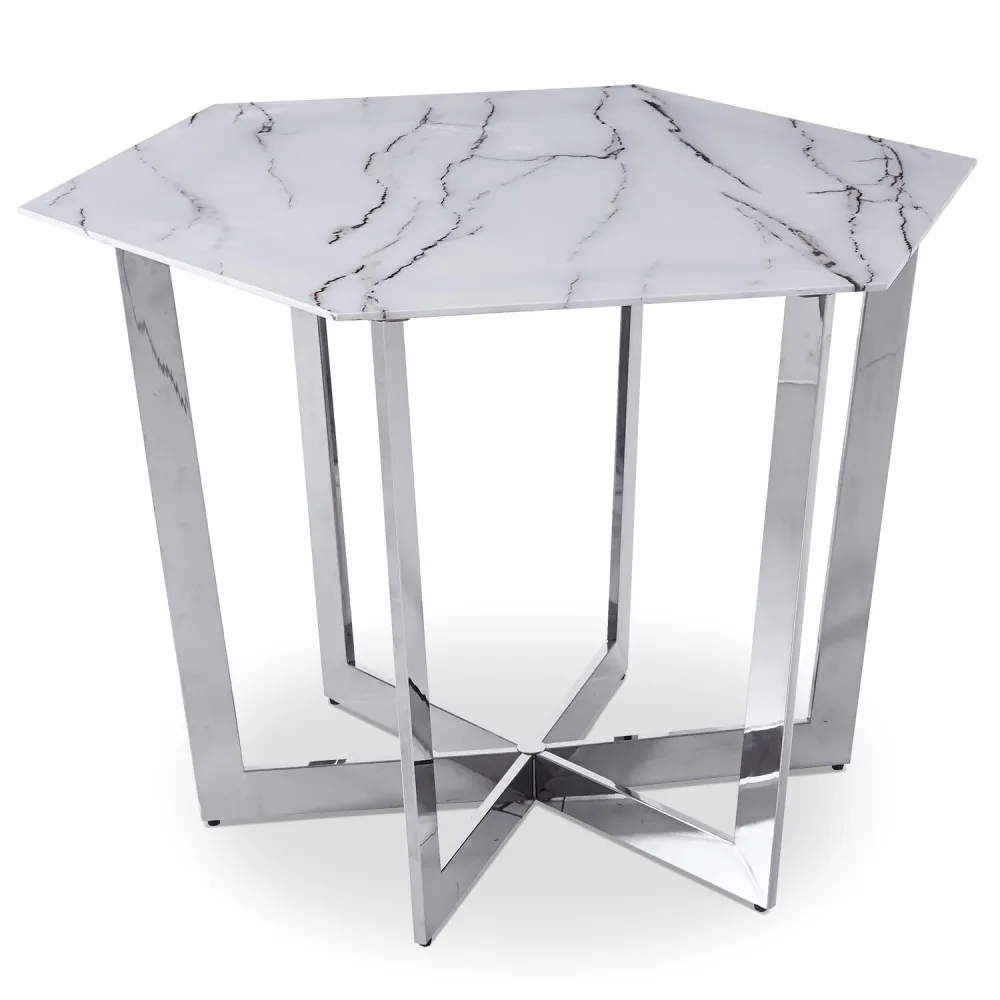 Dicroica de Embutir Mesa hexagonal de 120cm Zadig Vidro Efeito mármore branco e pé de Metálico Prata