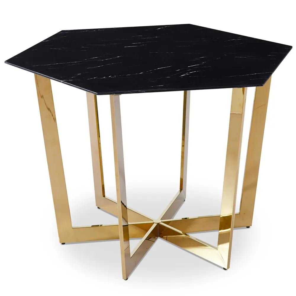 Mesa hexagonal 120cm Zadig Vidro Efeito mármore preto e pé Metálico Ouro | Smart | RGB