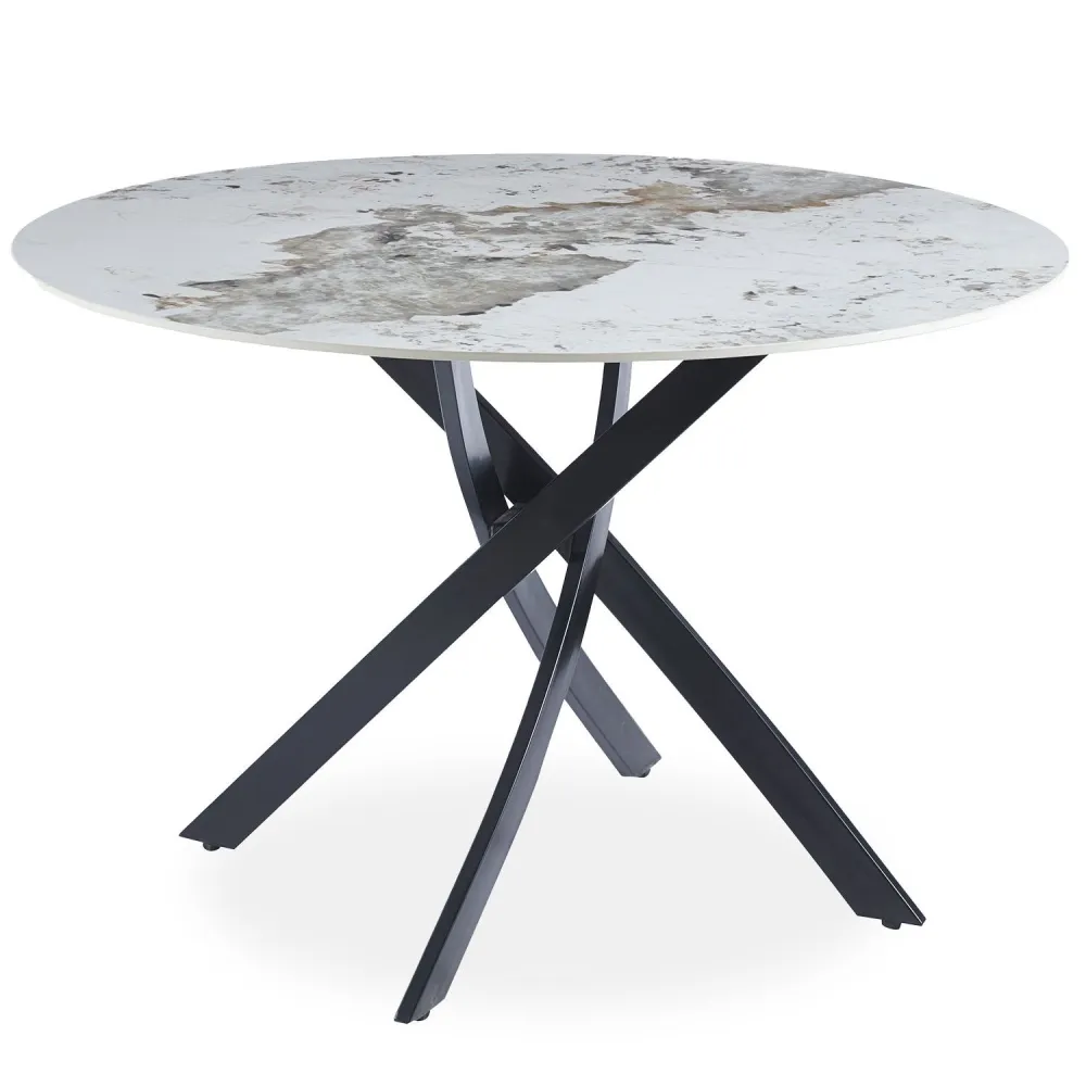 Mesa redonda Bangui 120 cm Cerâmica efeito mármore Branco e pés cruzados Metálico Preto