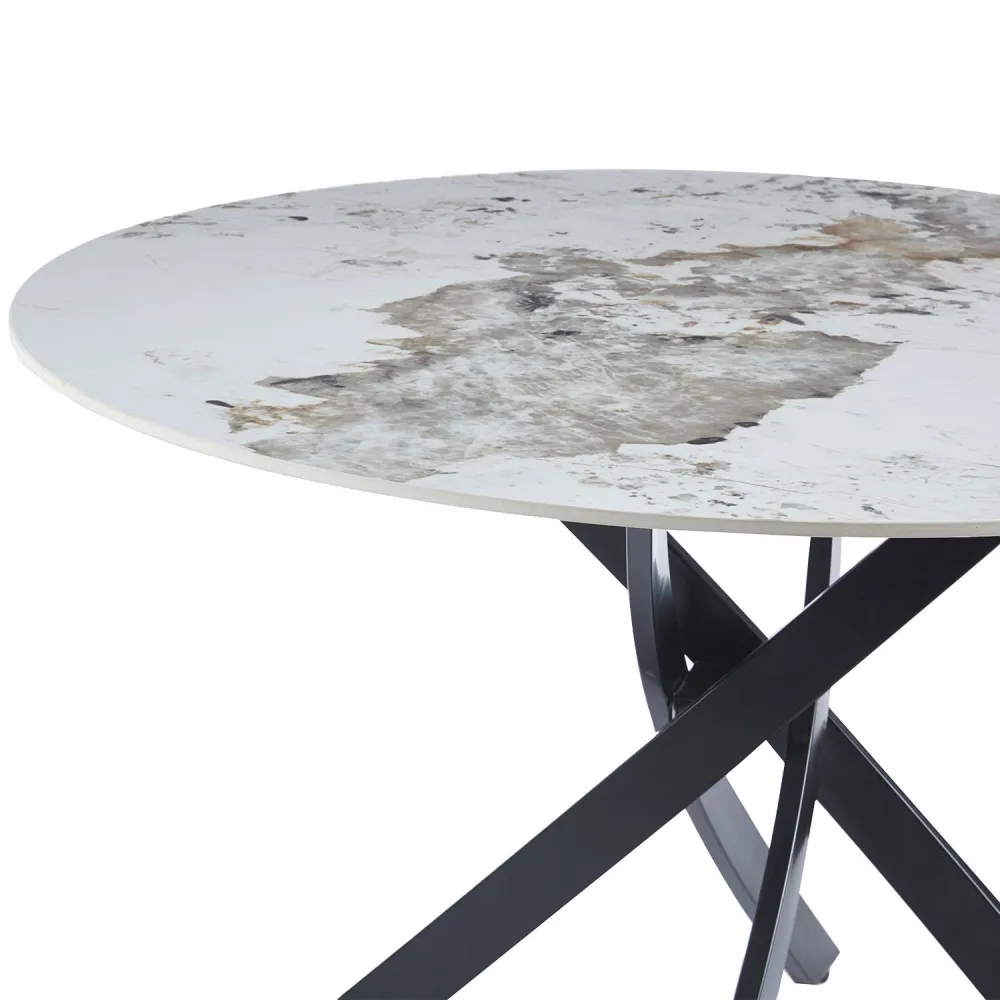Mesa redonda Bangui 120 cm Cerâmica efeito mármore Branco e pés cruzados Metálico Preto