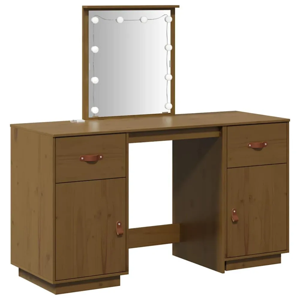 Conjunto de toucador com luzes LED pinho maciço castanho mel Instalação sem Fio