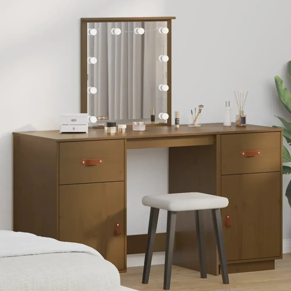 Conjunto de toucador com luzes LED pinho maciço castanho mel Instalação sem Fio