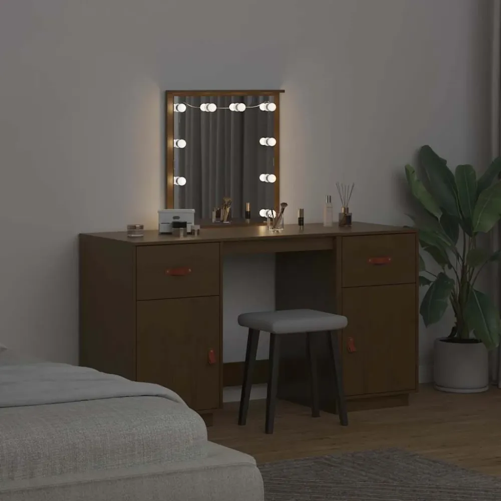 Conjunto de toucador com luzes LED pinho maciço castanho mel Instalação sem Fio