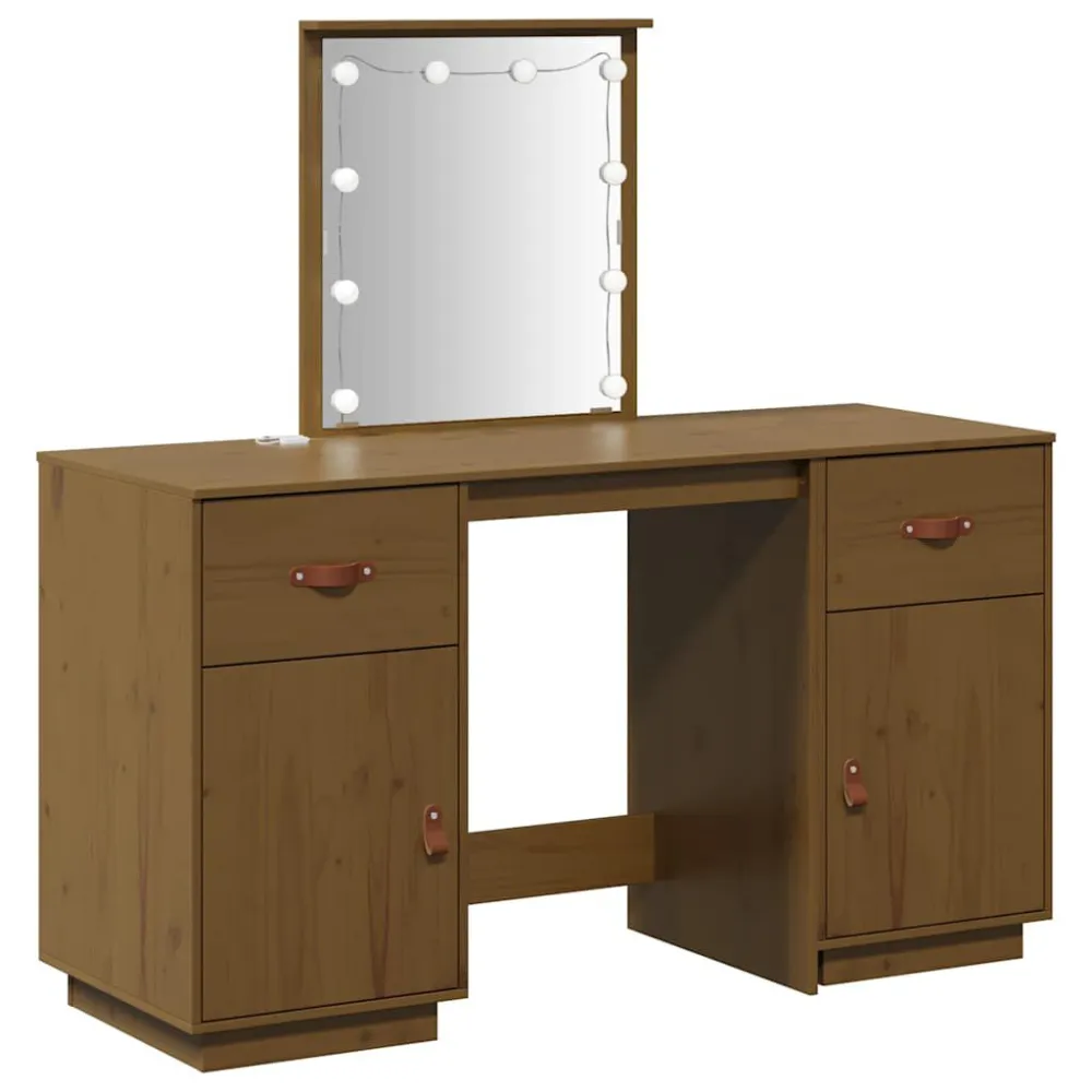 Conjunto de toucador com luzes LED pinho maciço castanho mel Instalação sem Fio