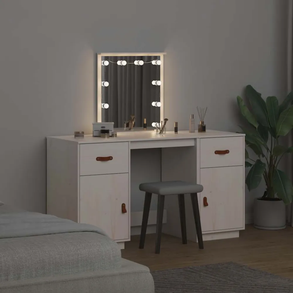 Conjunto de toucador com luzes LED pinho maciço branco Instalação sem Fio