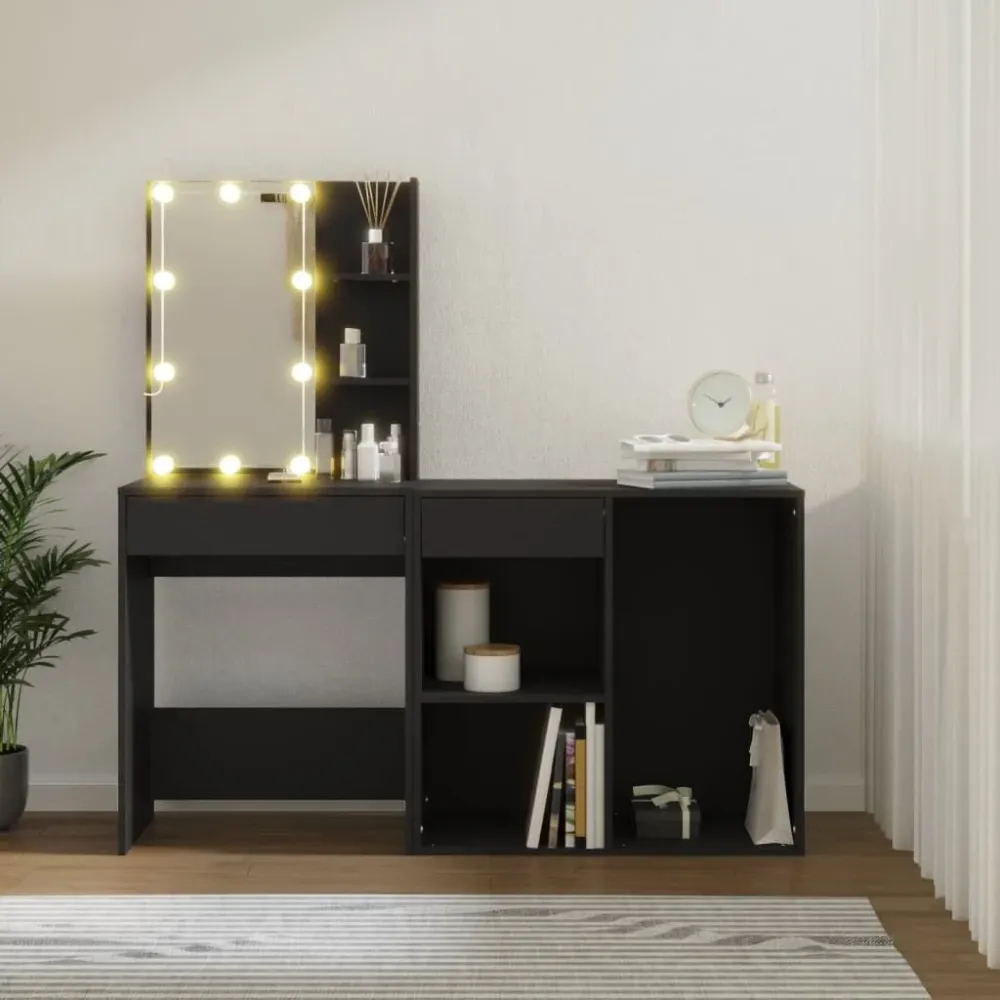 Toucador com armário e luzes LED derivados de madeira preto Alumínio Fundido