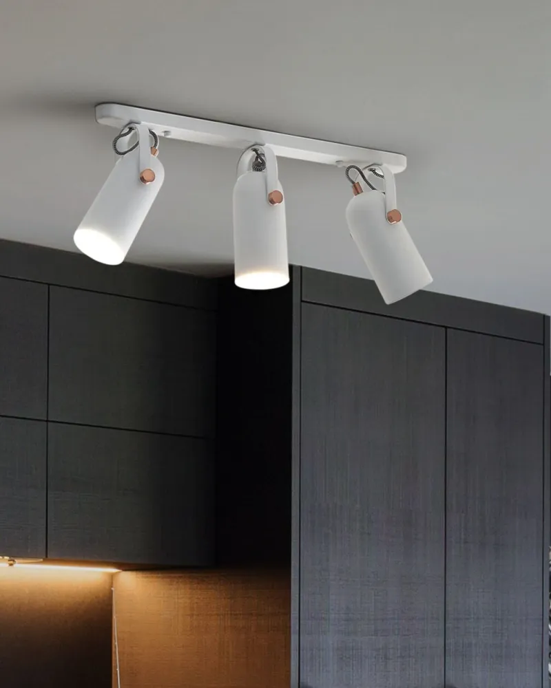 Luminária de Vidro Texturizado Candeeiro de teto em metálico branco com 3 focos TYRIA