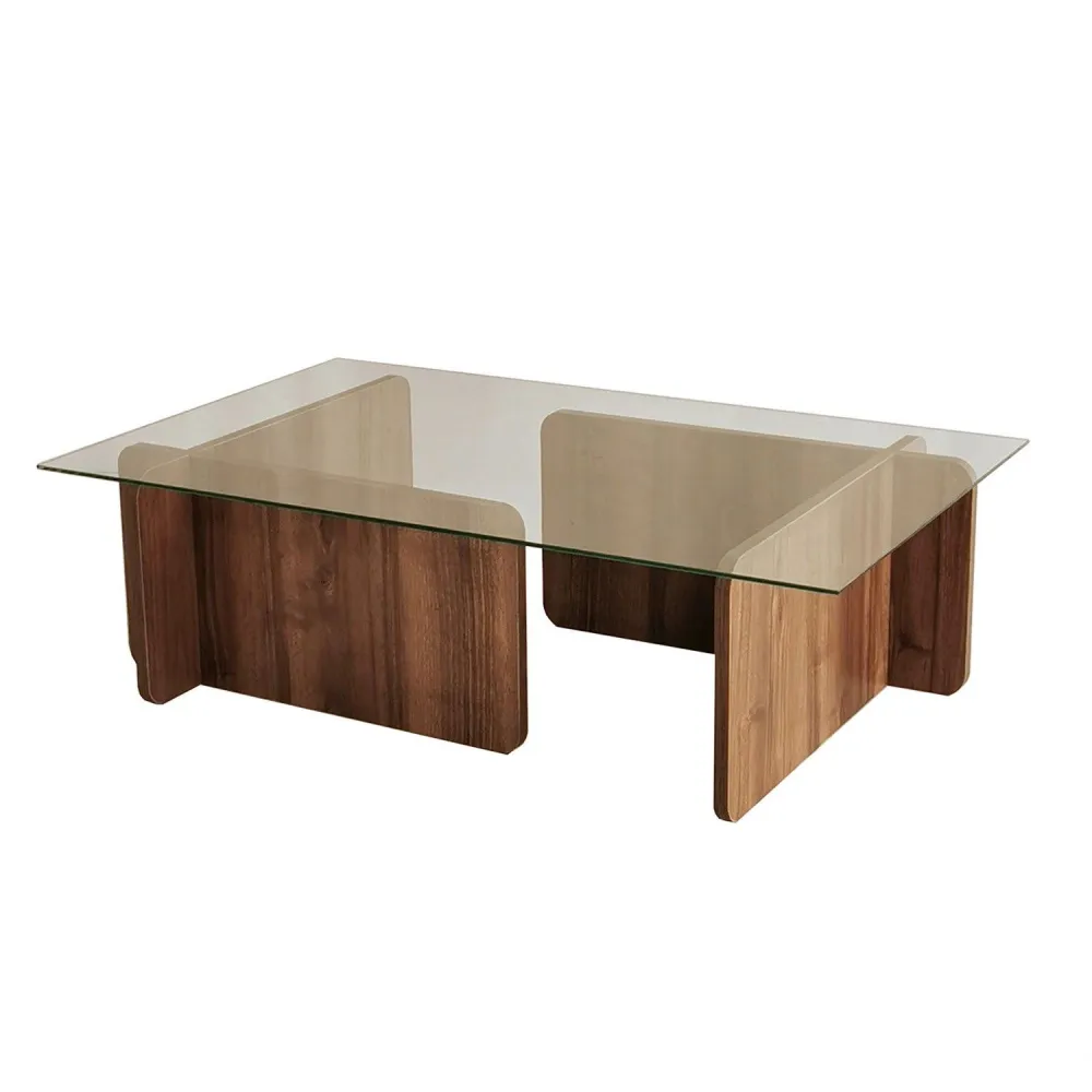 Mesa de centro de design Alazar 105cm Madeira Escura e Vidro Transparente com Luz Quente 2700K