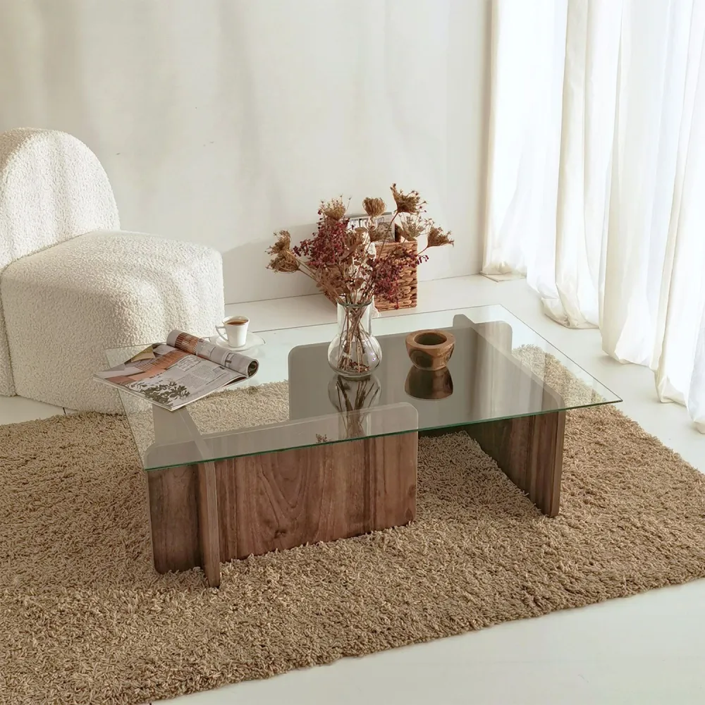Mesa de centro de design Alazar 105cm Madeira Escura e Vidro Transparente com Luz Quente 2700K