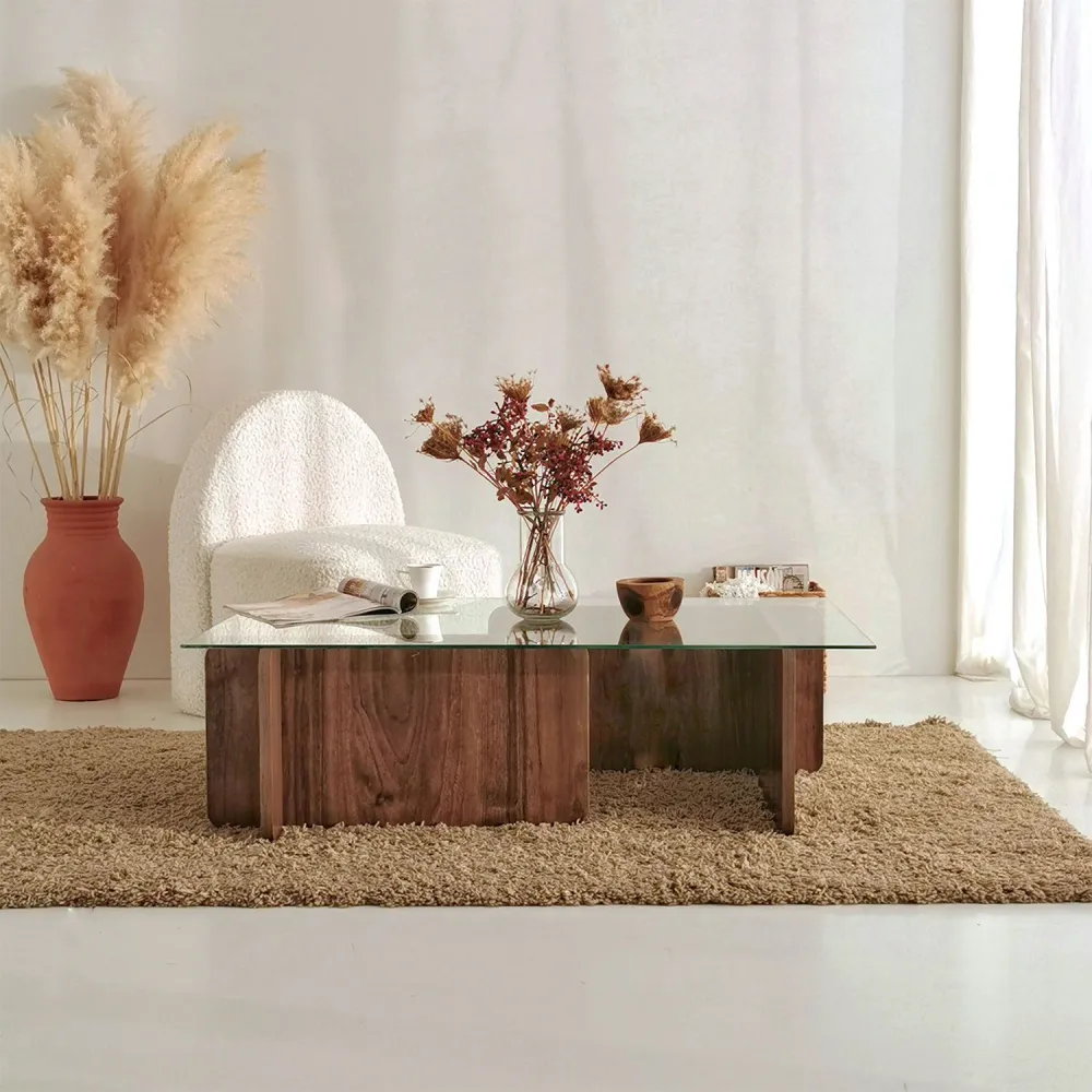 Mesa de centro de design Alazar 105cm Madeira Escura e Vidro Transparente com Luz Quente 2700K
