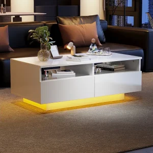 Mesa de centro retangular com 2 gavetas e 2 compartimentos - 70 x 70 x 35cm - LEDs - aglomerado - branco luminoso