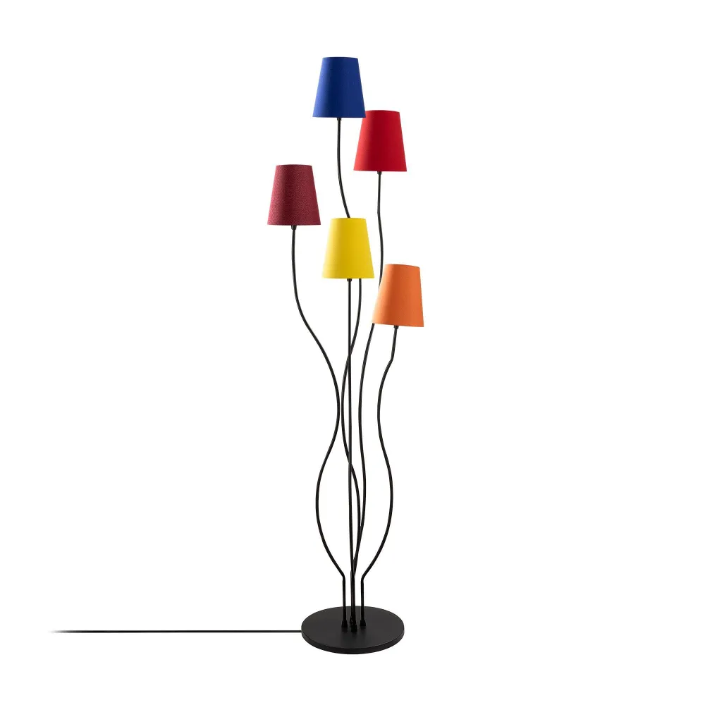 Candeeiro de design com 5 lâmpadas Roselin H160cm Metálico Preto e Tecido Azul, Vermelho, Amarelo e Laranja