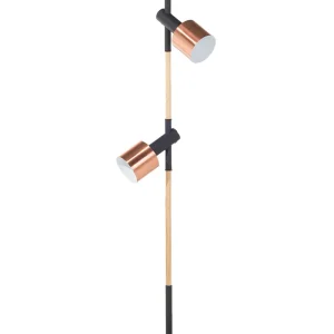 Candeeiro de pé em madeira e metálico preto e cor de cobre com 2 abajures OWENS | Smart | RGB