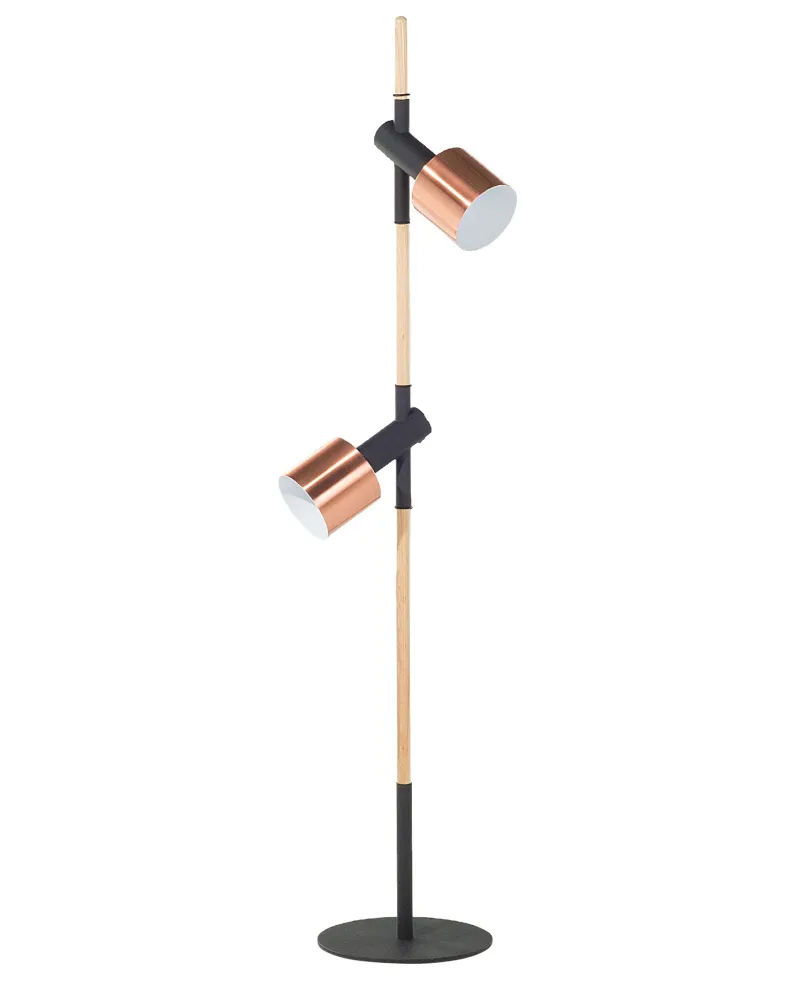 Candeeiro de pé em madeira e metálico preto e cor de cobre com 2 abajures OWENS | Smart | RGB