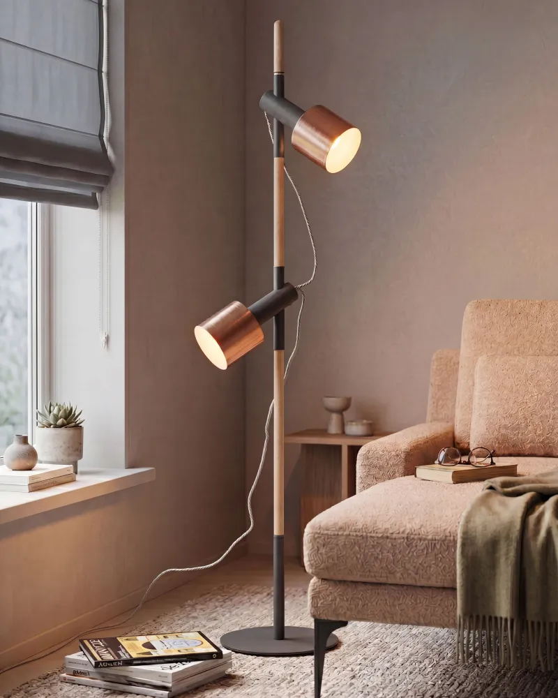 Candeeiro de pé em madeira e metálico preto e cor de cobre com 2 abajures OWENS | Smart | RGB