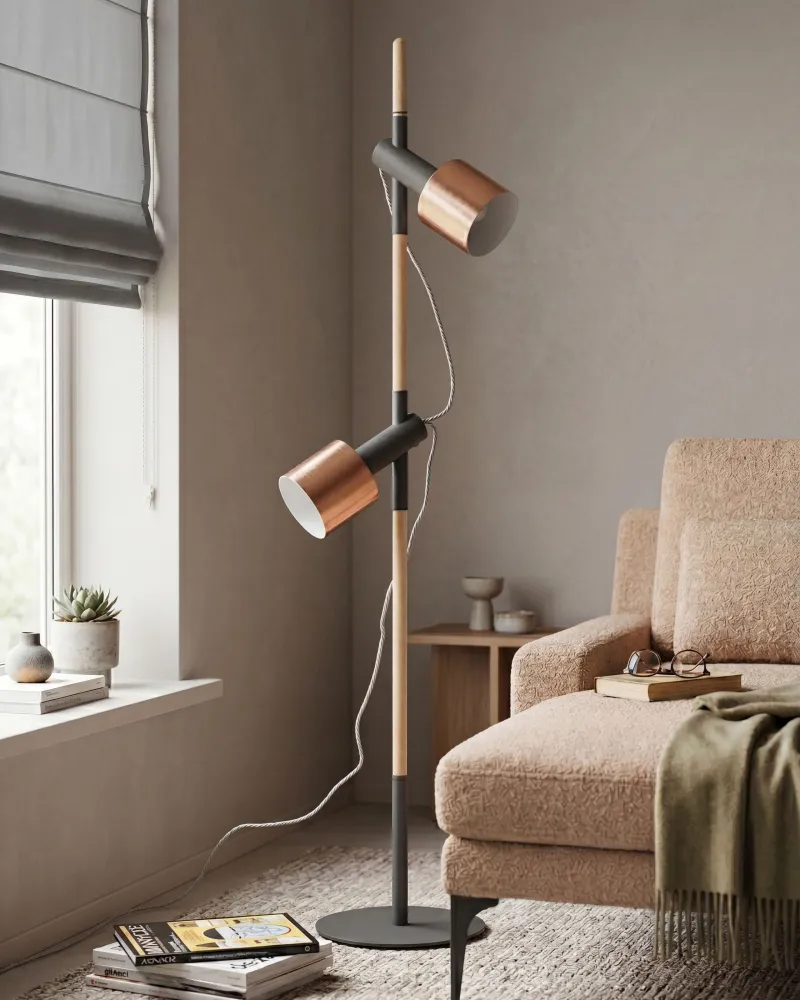 Candeeiro de pé em madeira e metálico preto e cor de cobre com 2 abajures OWENS | Smart | RGB