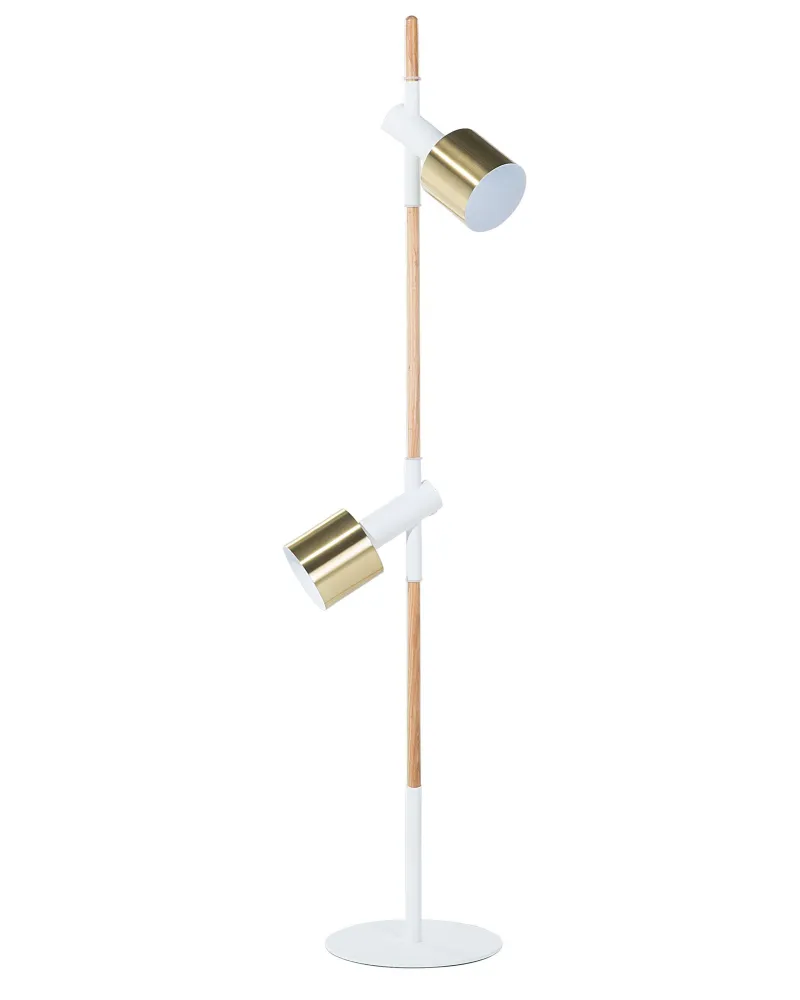 Filamento Edison Vintage Candeeiro de pé em madeira e metálico branco e dourado com 2 abajures OWENS