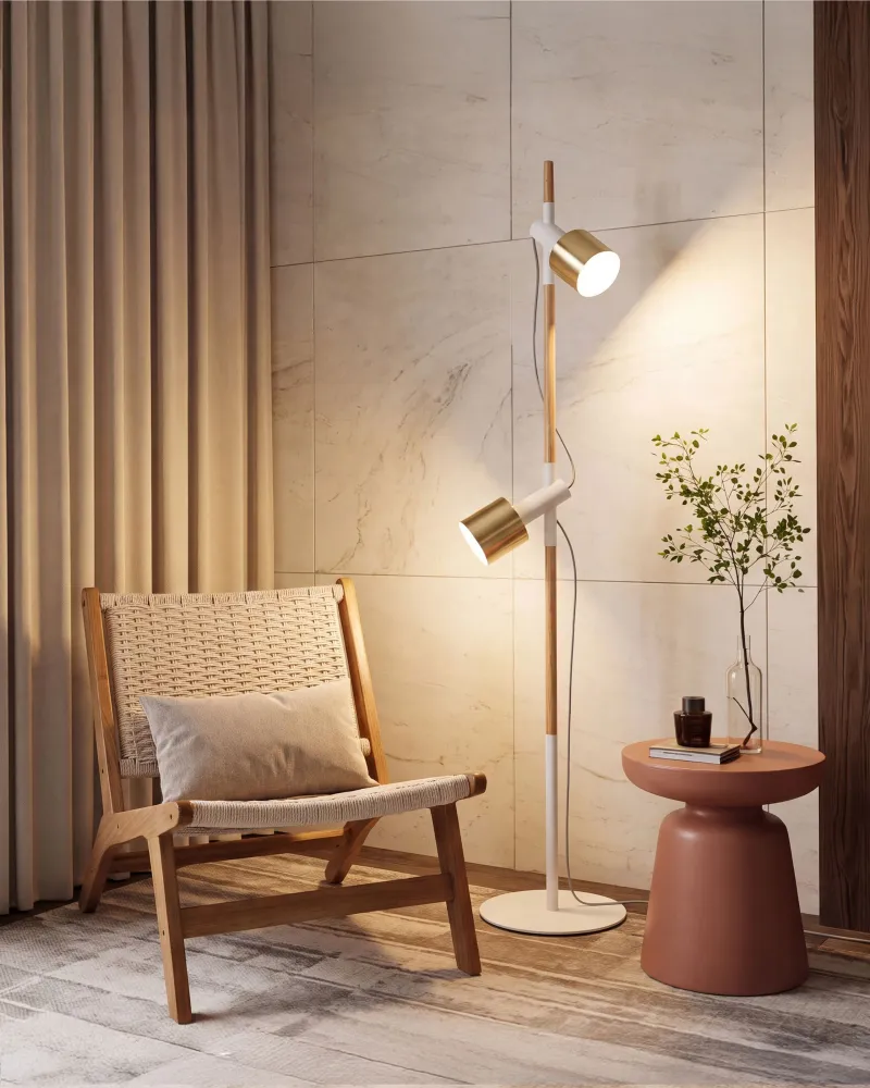 Filamento Edison Vintage Candeeiro de pé em madeira e metálico branco e dourado com 2 abajures OWENS