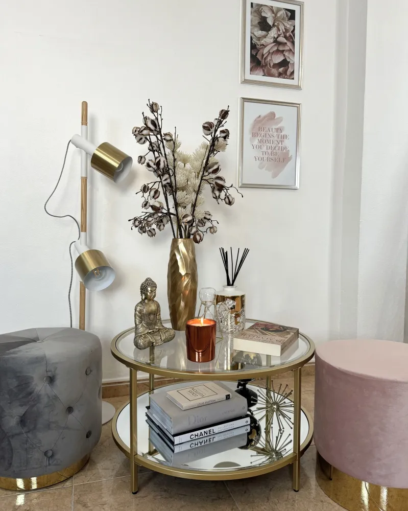 Filamento Edison Vintage Candeeiro de pé em madeira e metálico branco e dourado com 2 abajures OWENS