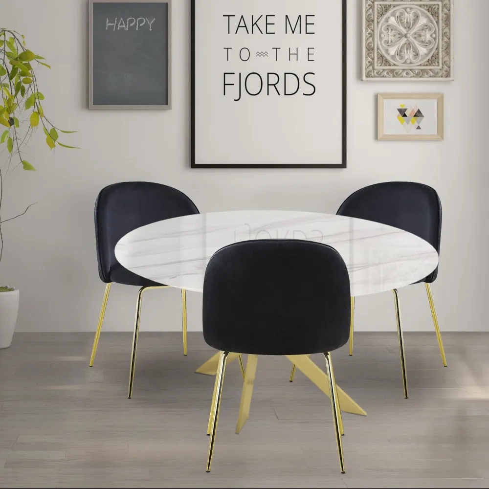 Mesa Greenwich de Vidro com efeito Mármore Branco e pés Dourados | Entrega Rápida