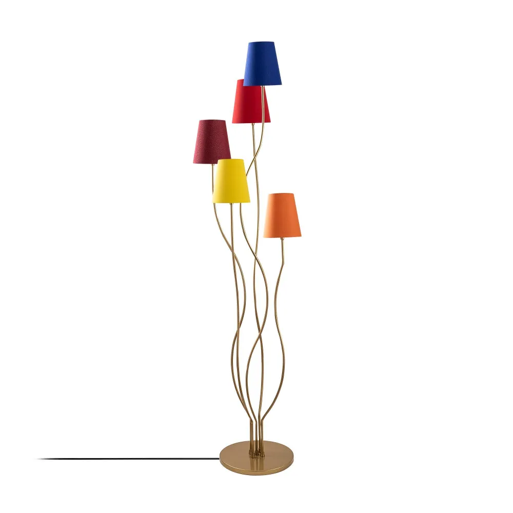 Classe de Proteção IP65 Poste de luz design 5 lâmpadas Roselin H160cm Metálico Ouro e Tecido Azul, Vermelho, Amarelo e Lar...
