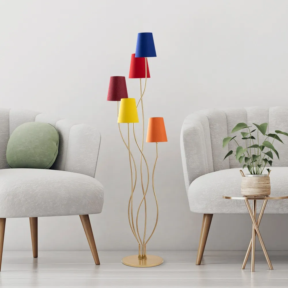 Classe de Proteção IP65 Poste de luz design 5 lâmpadas Roselin H160cm Metálico Ouro e Tecido Azul, Vermelho, Amarelo e Lar...