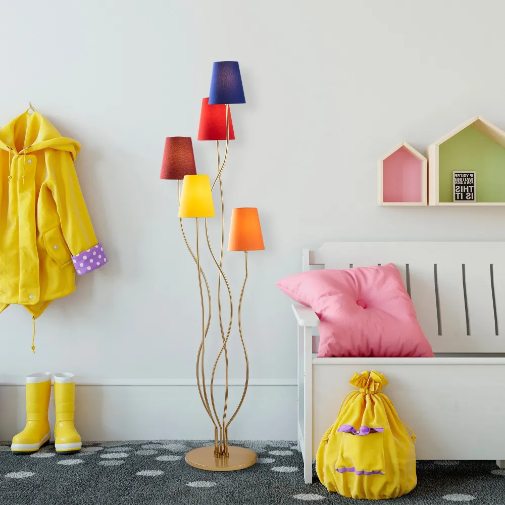 Classe de Proteção IP65 Poste de luz design 5 lâmpadas Roselin H160cm Metálico Ouro e Tecido Azul, Vermelho, Amarelo e Lar...