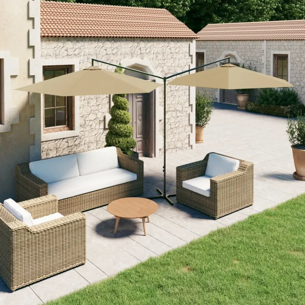 Guarda-sol de jardim duplo com poste ço 600cm cinza-acastanhado (À Prova de Intempéries)