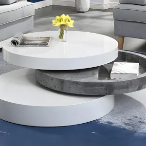Lustre Premium Mesa de centro giratória redonda - 3 plataformas - MDF - Branco e cinza cimento. JANITA