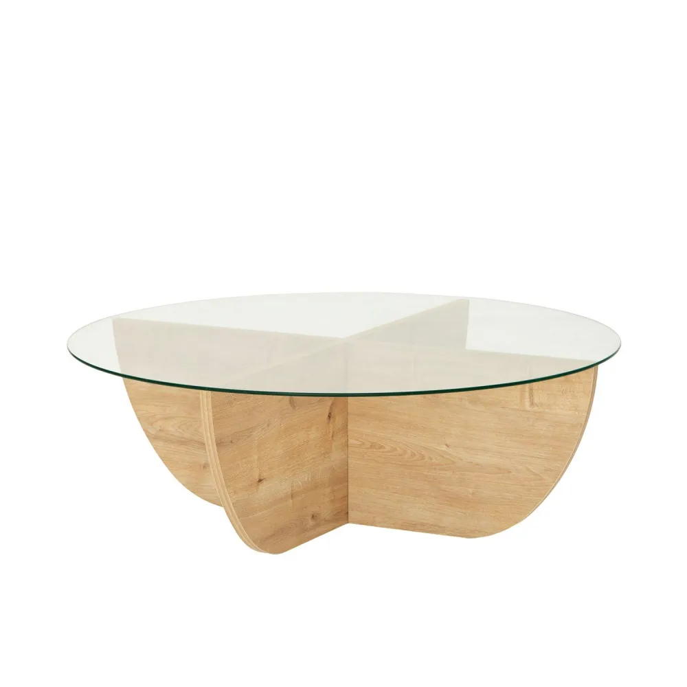 Mesa de centro design Sunac D90cm Vidro Transparente e Carvalho visível com Tripla Iluminação
