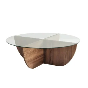 Mesa de centro design Sunac D90cm Vidro Transparente e Madeira escura com Tripla Iluminação